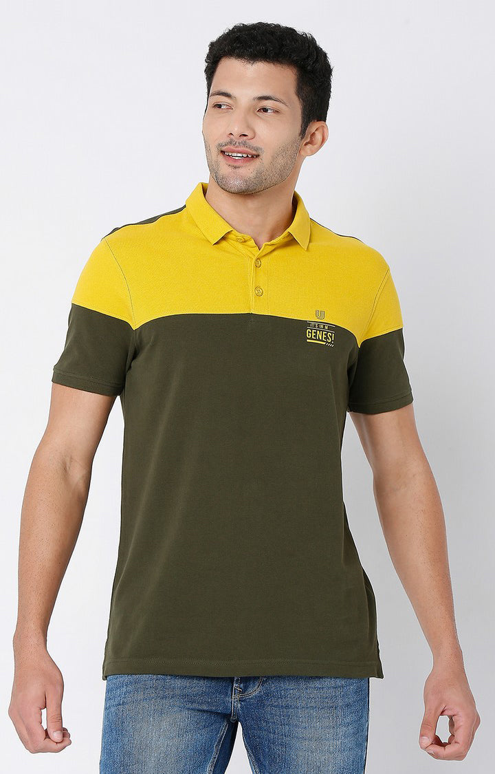 Men Premium Rifle Green & Yellow Cotton Regular Fit Polo Tshirt - Underjeans By Spykar