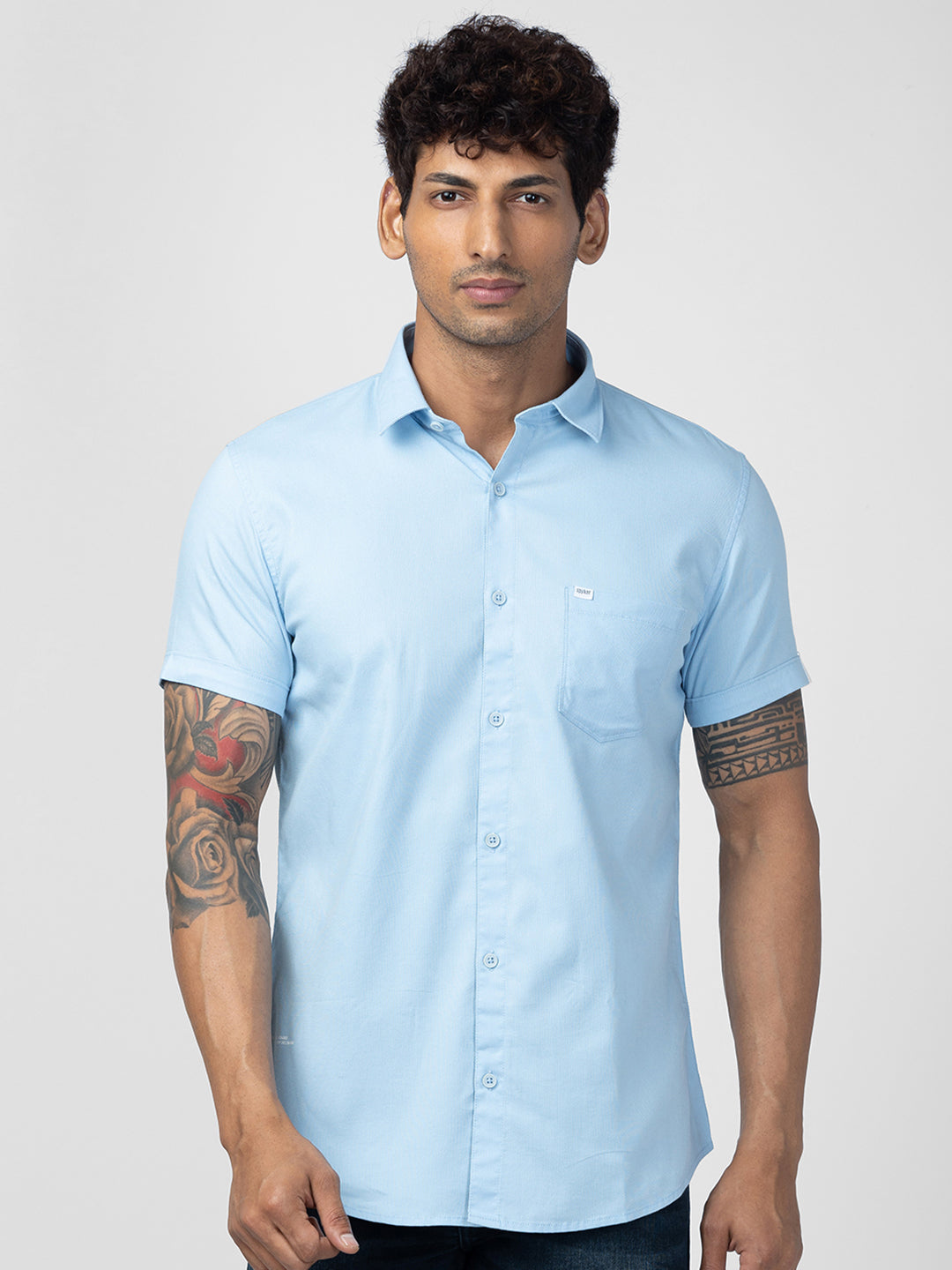 Spykar Men Sky Blue Cotton Regular Slim Fit Plain Shirt