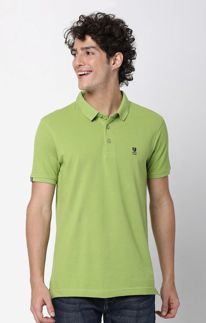 Men Premium Spinach Green Cotton Polo T-Shirts- Underjeans By Spykar