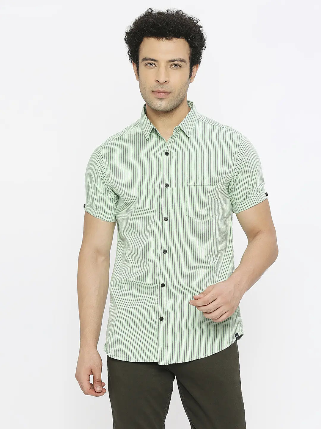 Spykar Men Pista Green Cotton Slim Fit Half Sleeve Striped Shirt