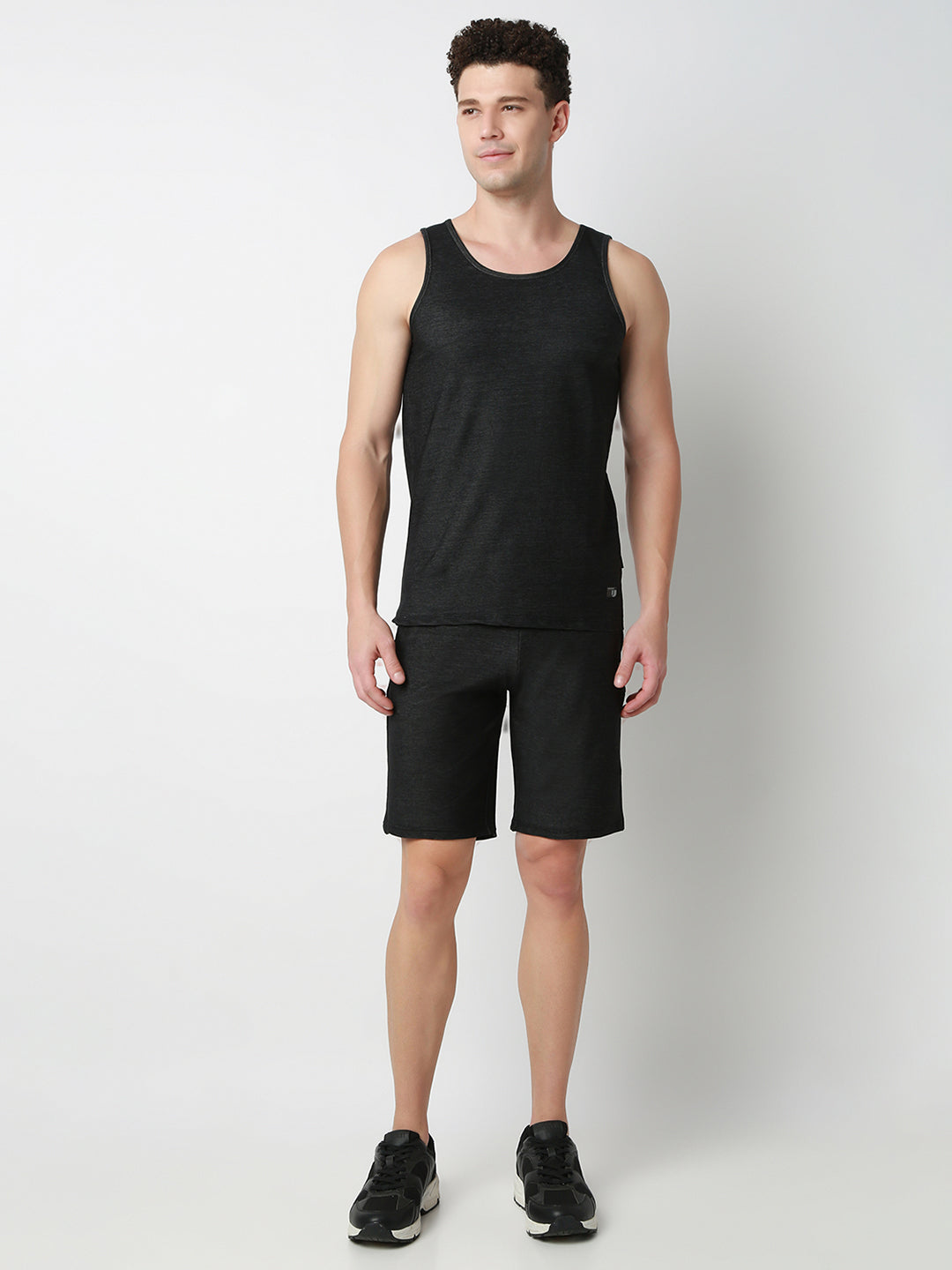 Underjeans Men Dark Denim Black Round Neck Solid Innerwear Vests