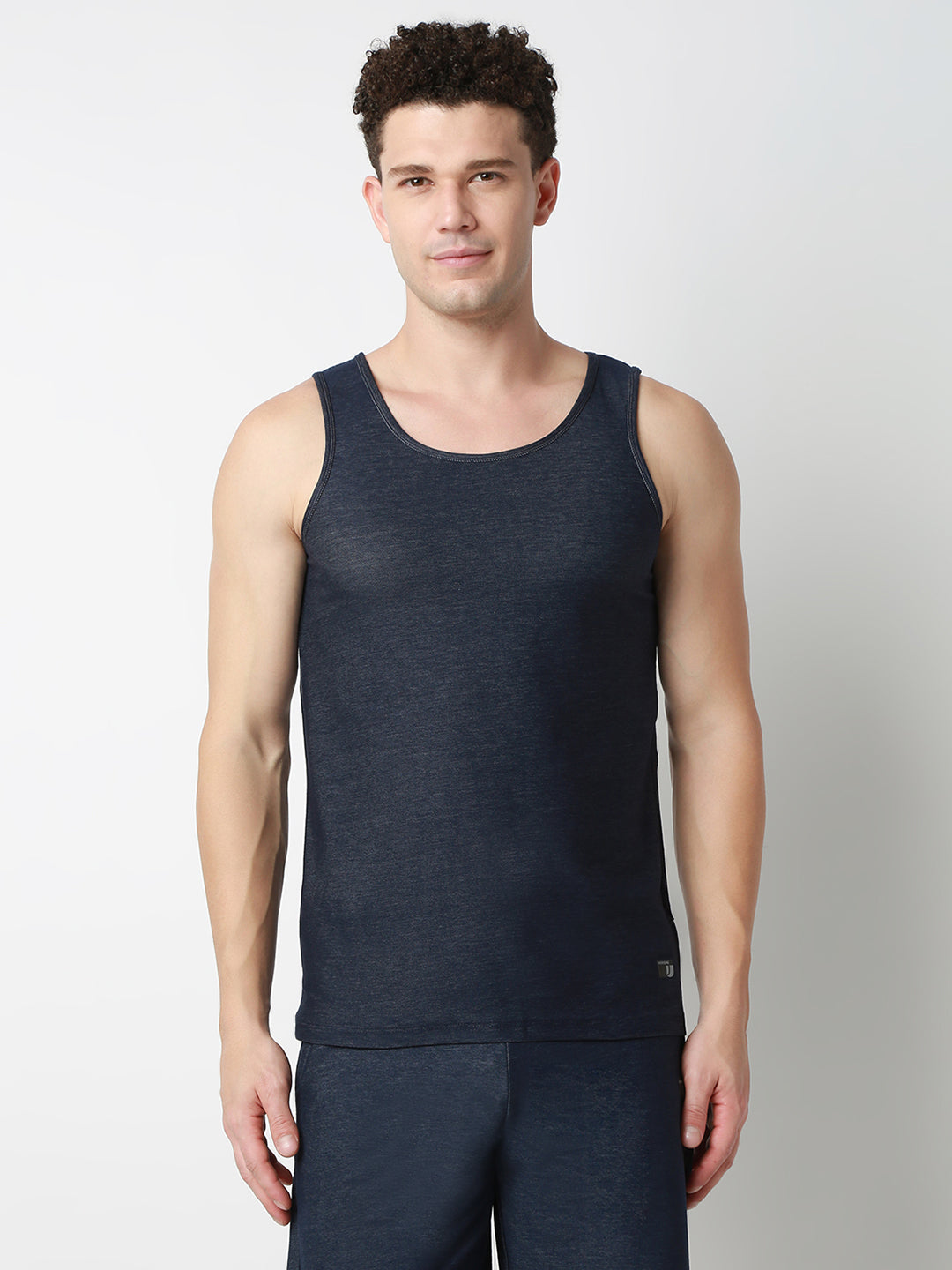 Underjeans Men Dark Denim Blue Round Neck Solid Innerwear Vests
