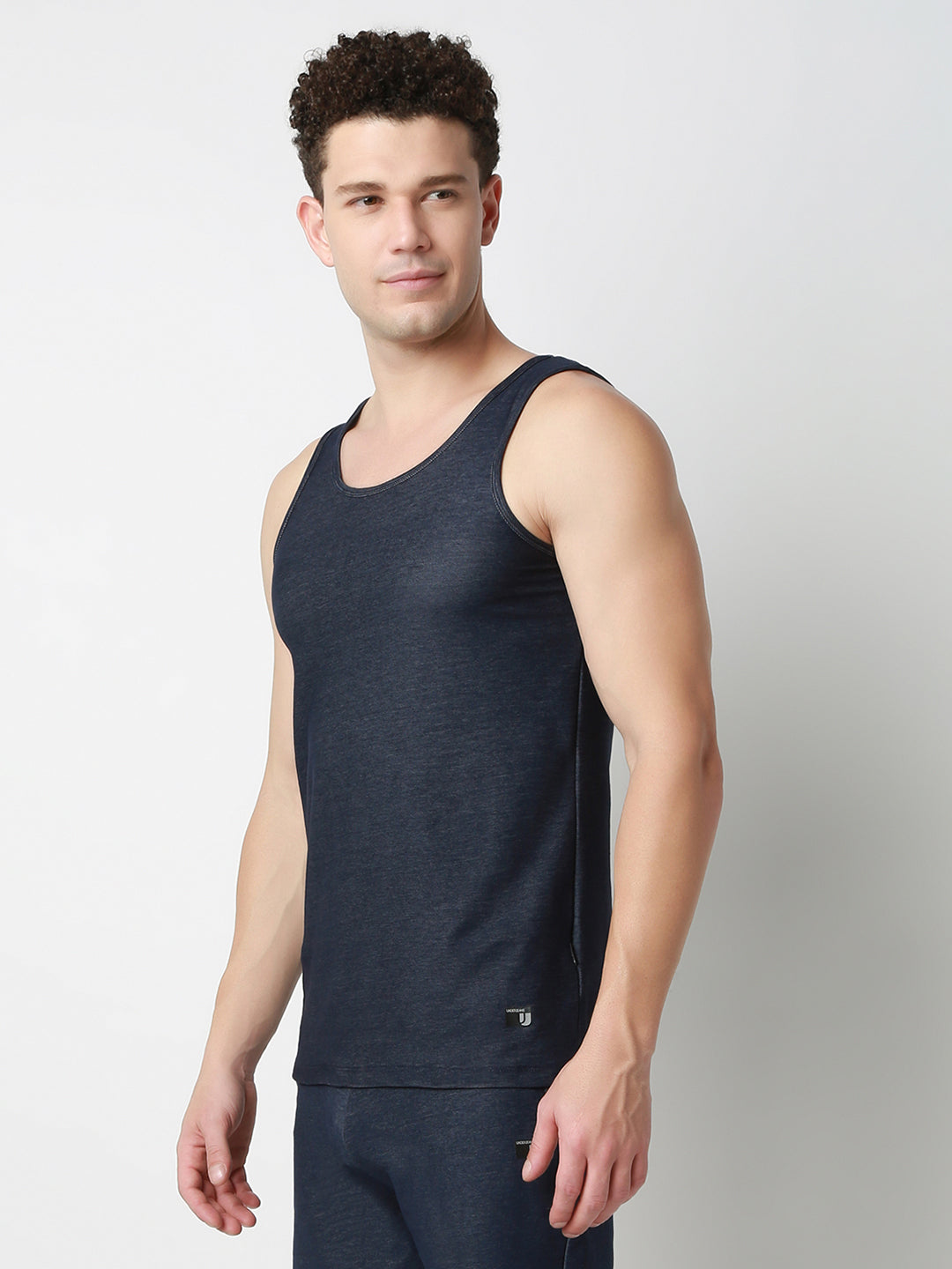 Underjeans Men Dark Denim Blue Round Neck Solid Innerwear Vests