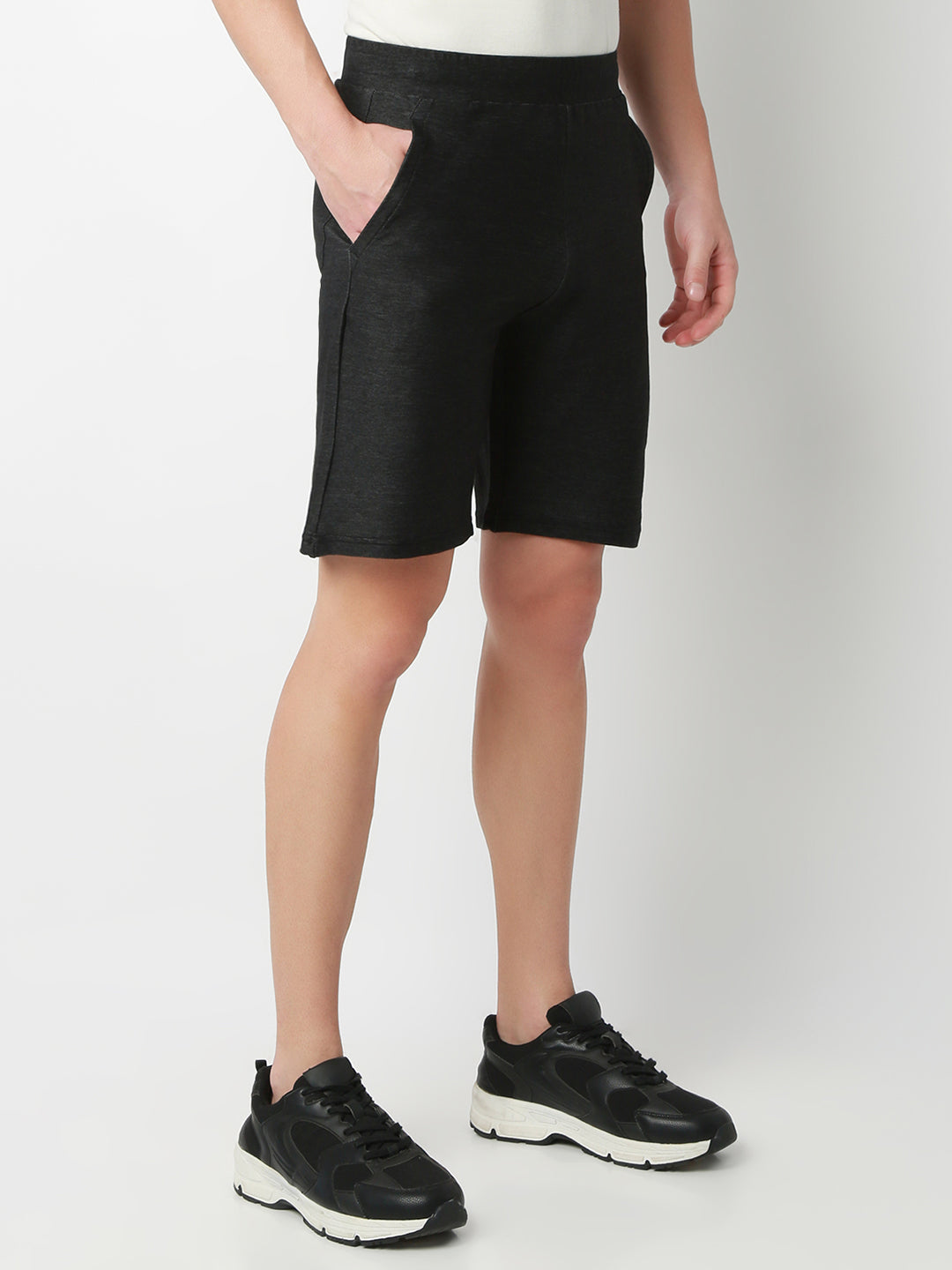 UnderJeans by Spykar Men Dark Denim Black Mid-Rise Solid Slim Fit Shorts