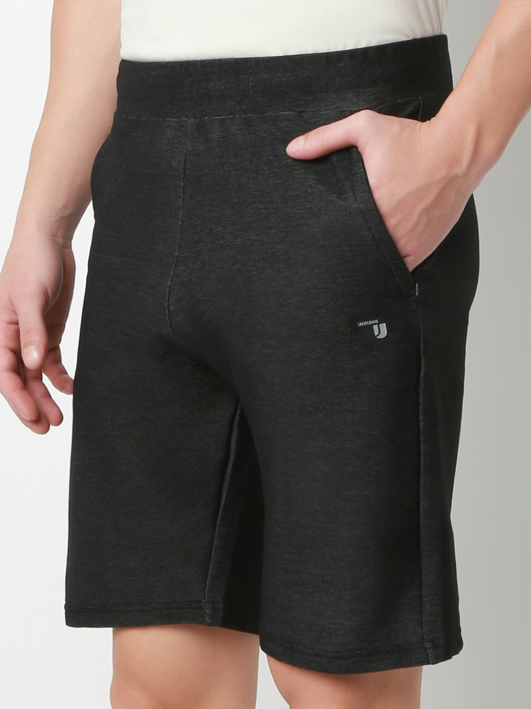 UnderJeans by Spykar Men Dark Denim Black Mid-Rise Solid Slim Fit Shorts