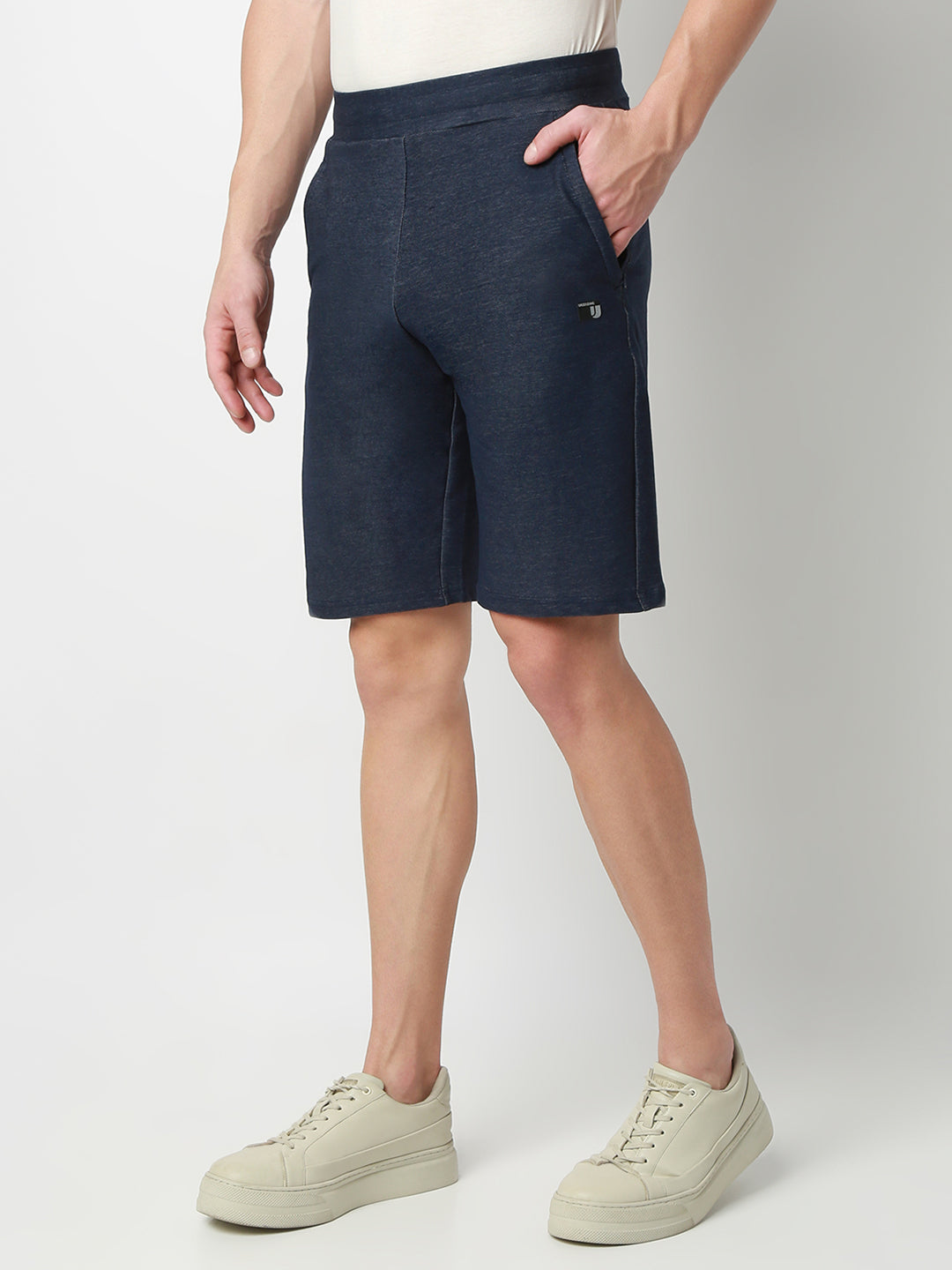 UnderJeans by Spykar Men Dark Denim Blue Mid-Rise Solid Slim Fit Shorts