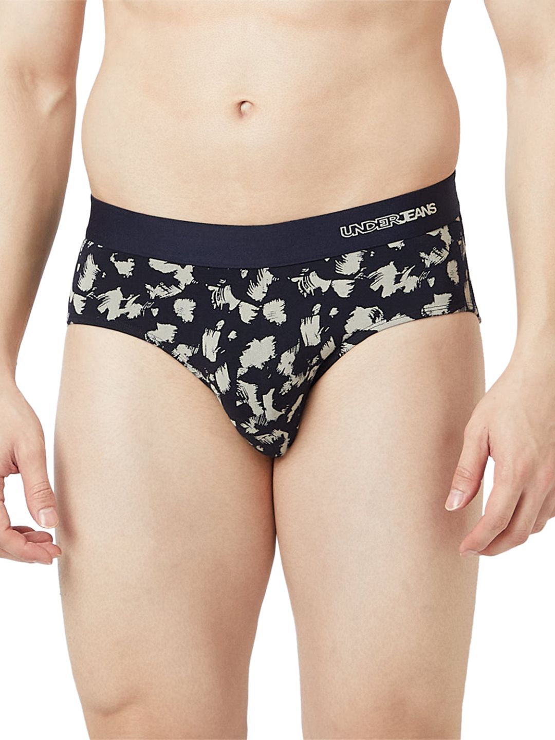 UnderJeans by Spykar Men Basic Navy ECRU Mid-Rise Printed Ultrasoft Briefs