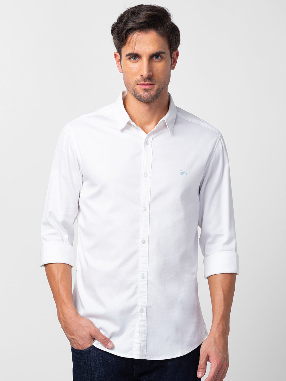 Spykar Men White Cotton Slim Fit Plain Shirt