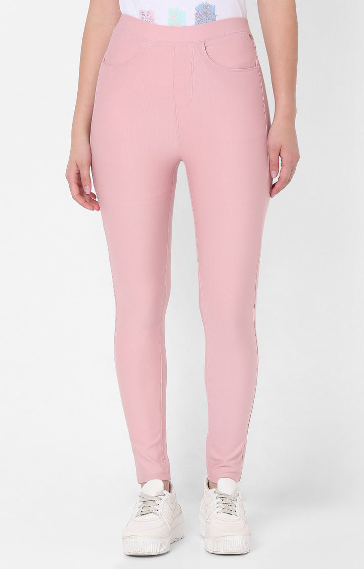 Spykar Women Peach Cotton Regular Fit Mid Rise Jeggings