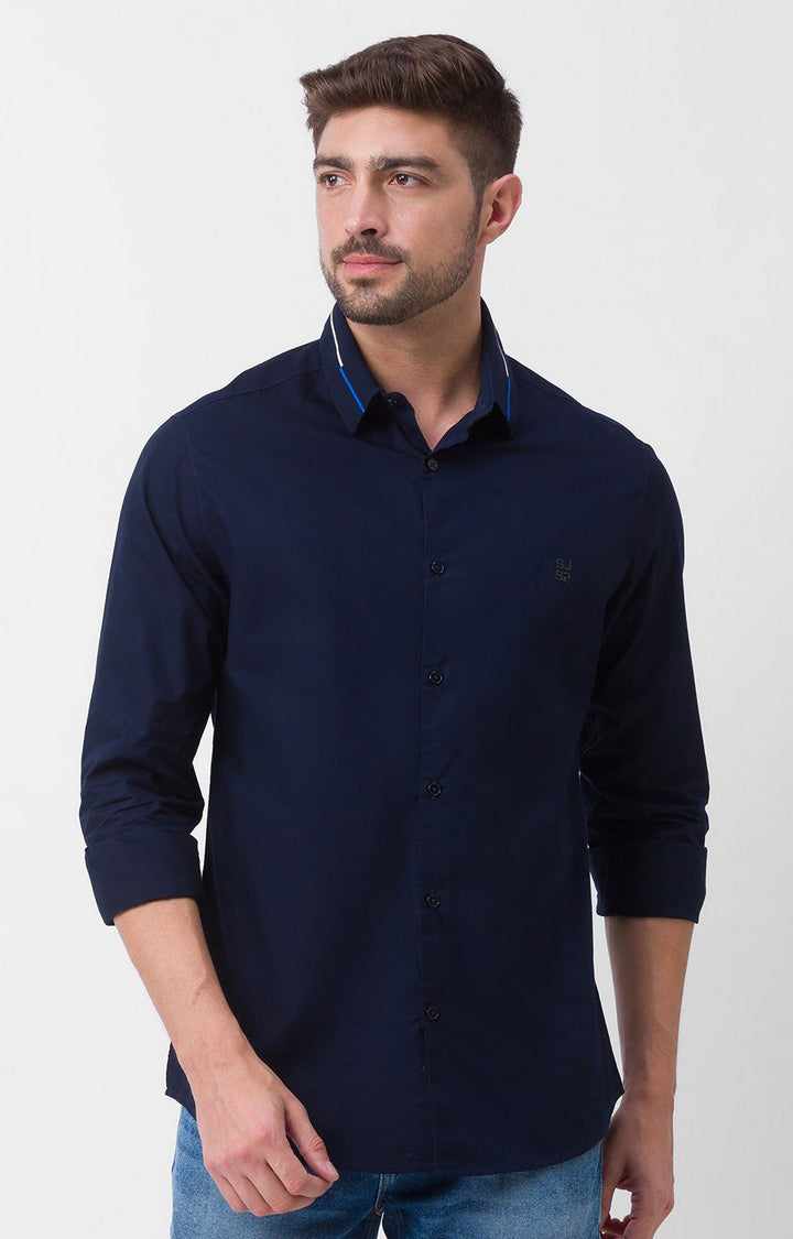 Spykar Navy Blue Cotton Full Sleeve Plain Shirt For Men