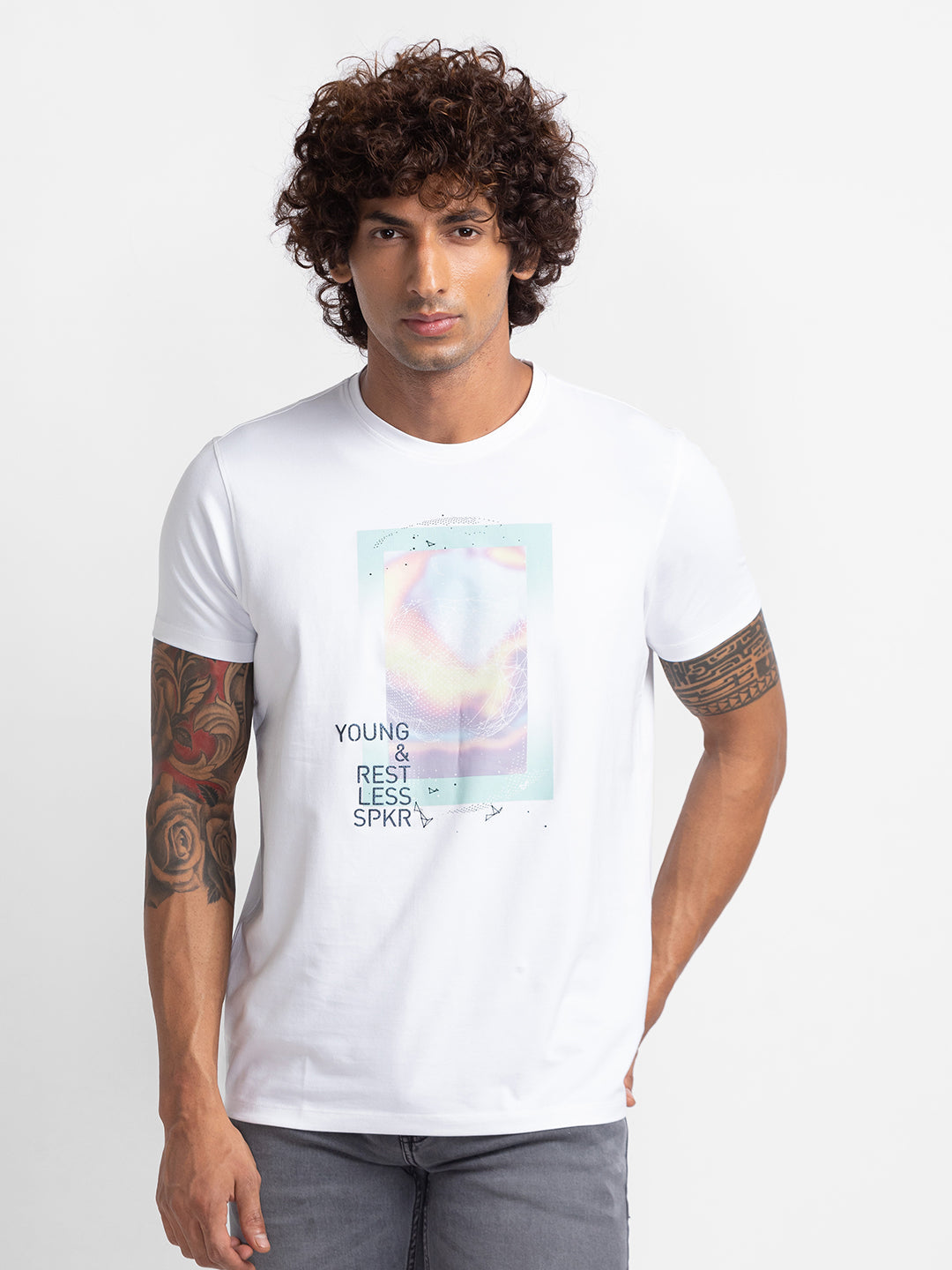 Spykar White Cotton Half Sleeve Printed Casual T-Shirt For Men