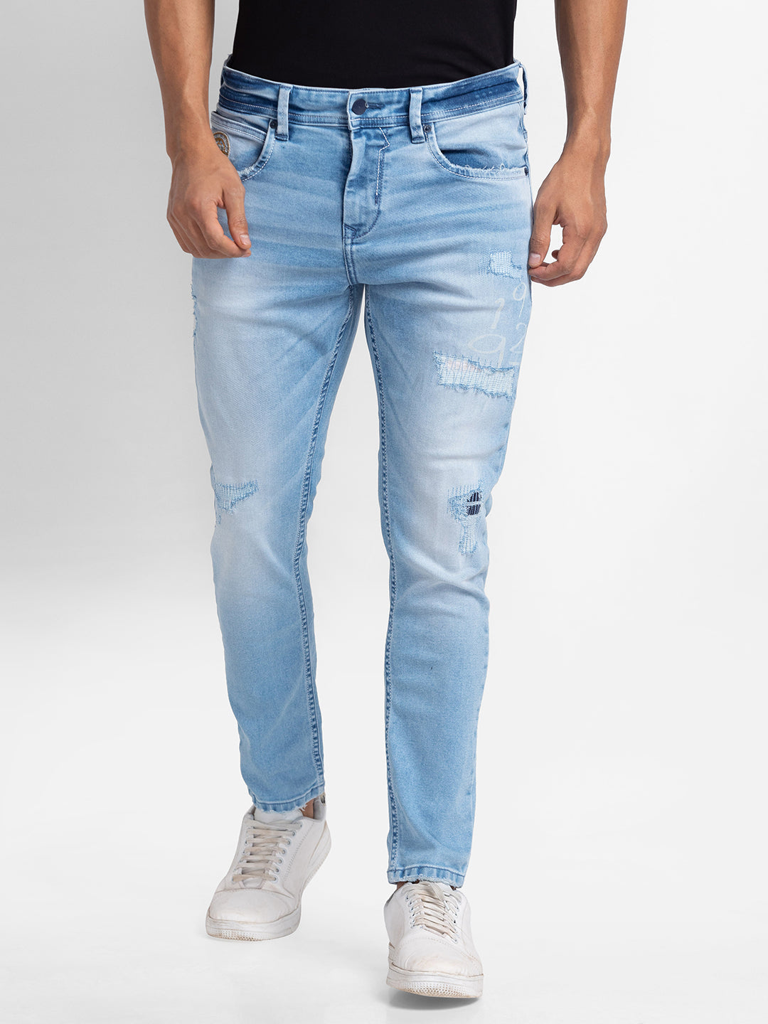 Spykar Light Blue Cotton Slim Fit Tapered Length Jeans For Men (Kano)