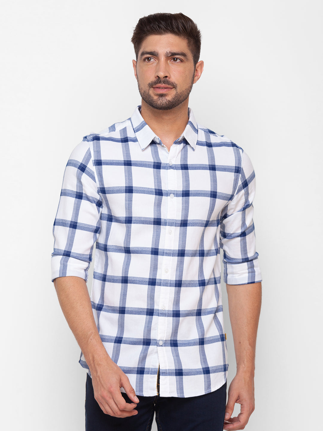 Spykar White Cotton Full Sleeve Checks Shirt For Men