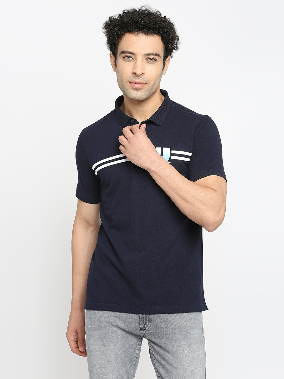 Men Premium Cotton Navy Blue Polo T-Shirt- Underjeans By Spykar