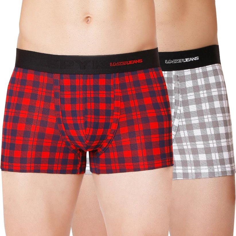 Men Premium Blue Check & White Check Cotton Blend Trunk (Pack Of 2)- Underjeans By Spykar