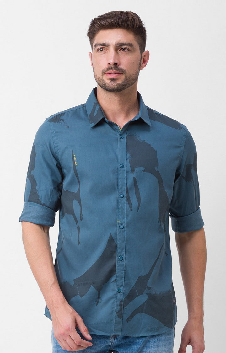 Spykar Sulphur Grey Cotton Full Sleeve Printed Shirt For Men