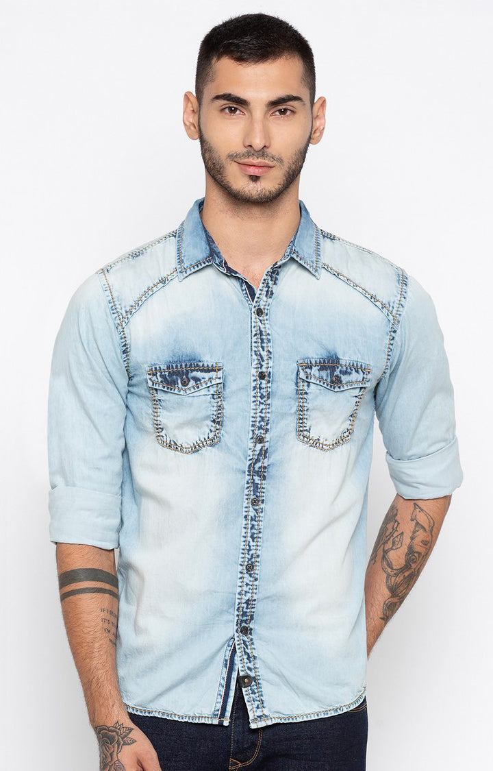 Spykar Men'S Blue Cotton Solid Casual Shirts