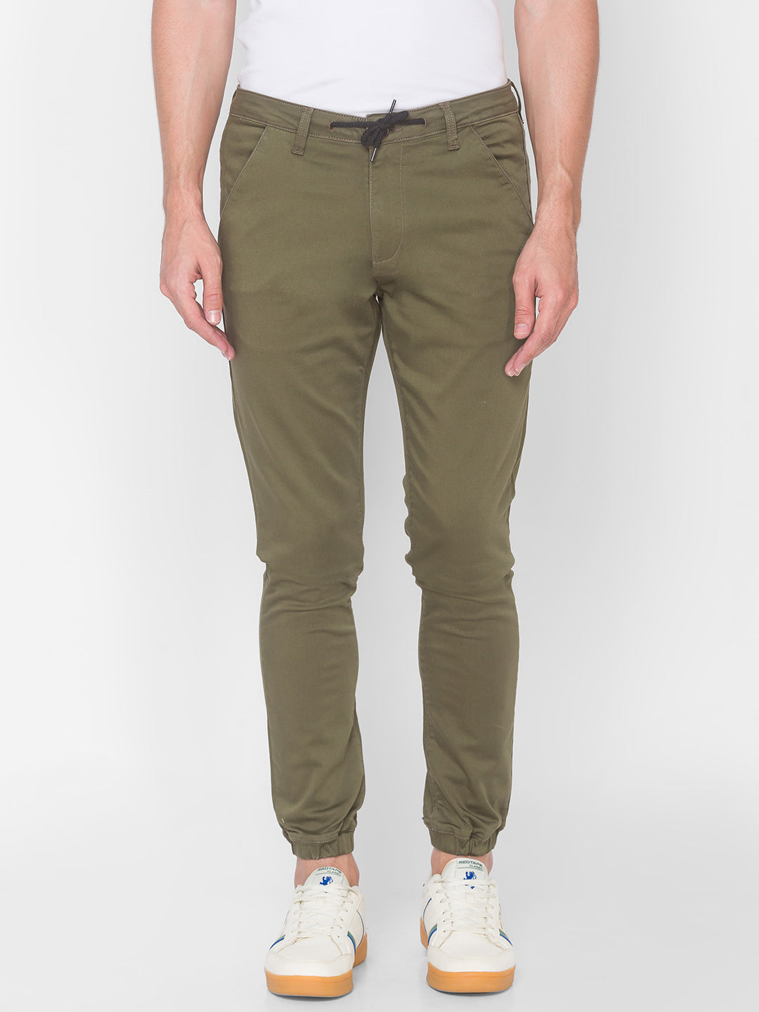 Spykar Men Green Cotton Slim Fit Casual Trousers