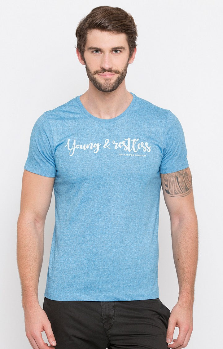 Spykar Blue Cotton Slim Fit T-Shirt For Men