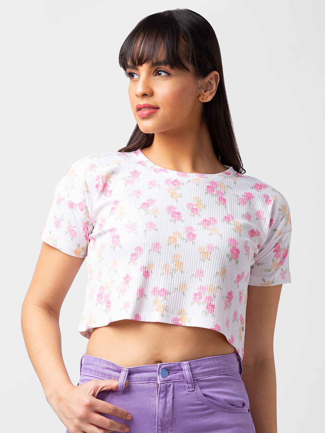 Spykar Women Off White Cotton Floral Crop Top