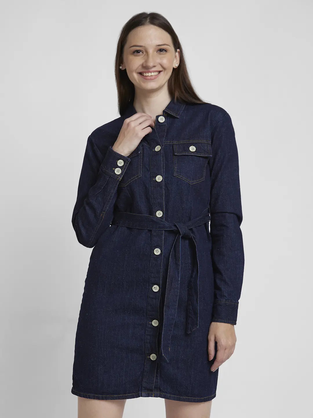 Spykar Women Dark Blue Cotton Regular Fit Classic Collar Knee Length Denim Dress