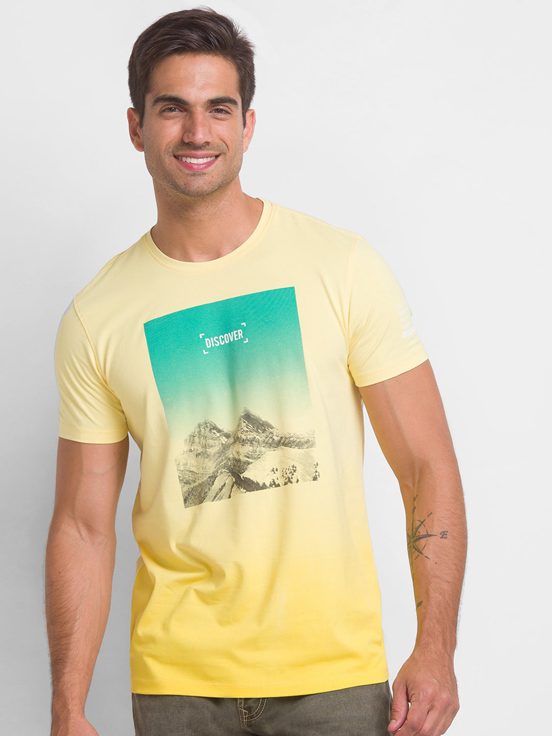 Spykar Butter Yellow Cotton Half Sleeve Printed Casual T-Shirt For Men