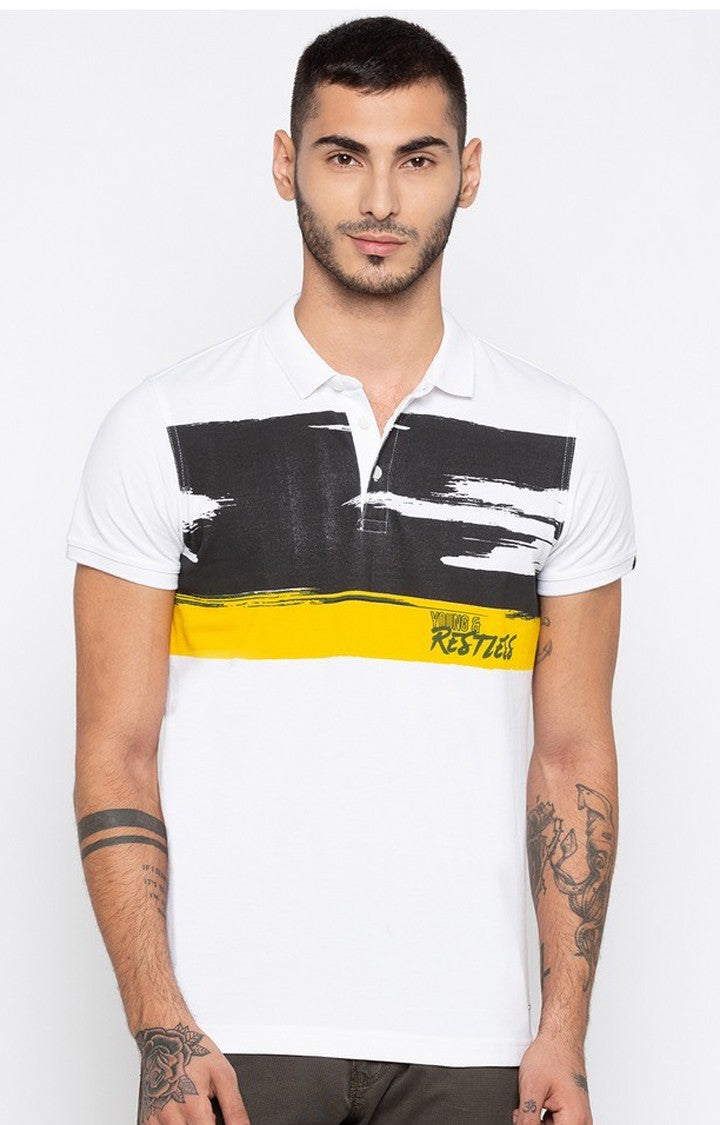 Spykar White Printed Slim Fit Polo T-Shirt