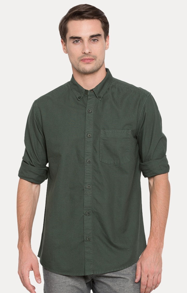 Spykar Men'S Green Cotton Solid Casual Shirts