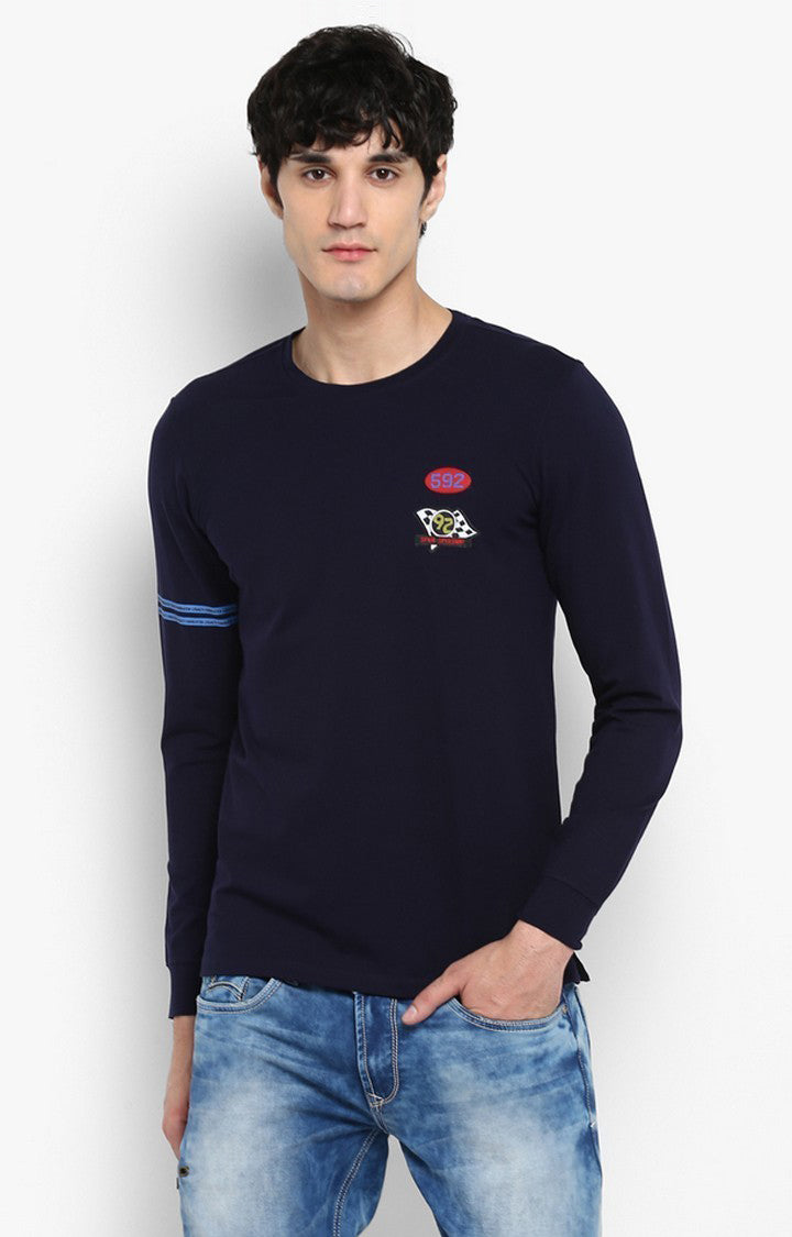 Spykar Navy Blue Solid Slim Fit Men T-Shirts