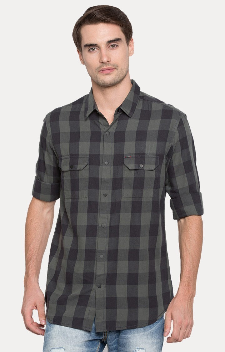 Spykar Men'S Grey Cotton Checked Casual Shirts