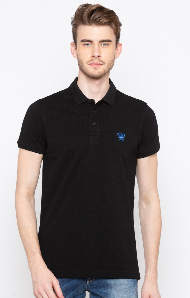 Spykar Black Solid Slim Fit Polo T-Shirt