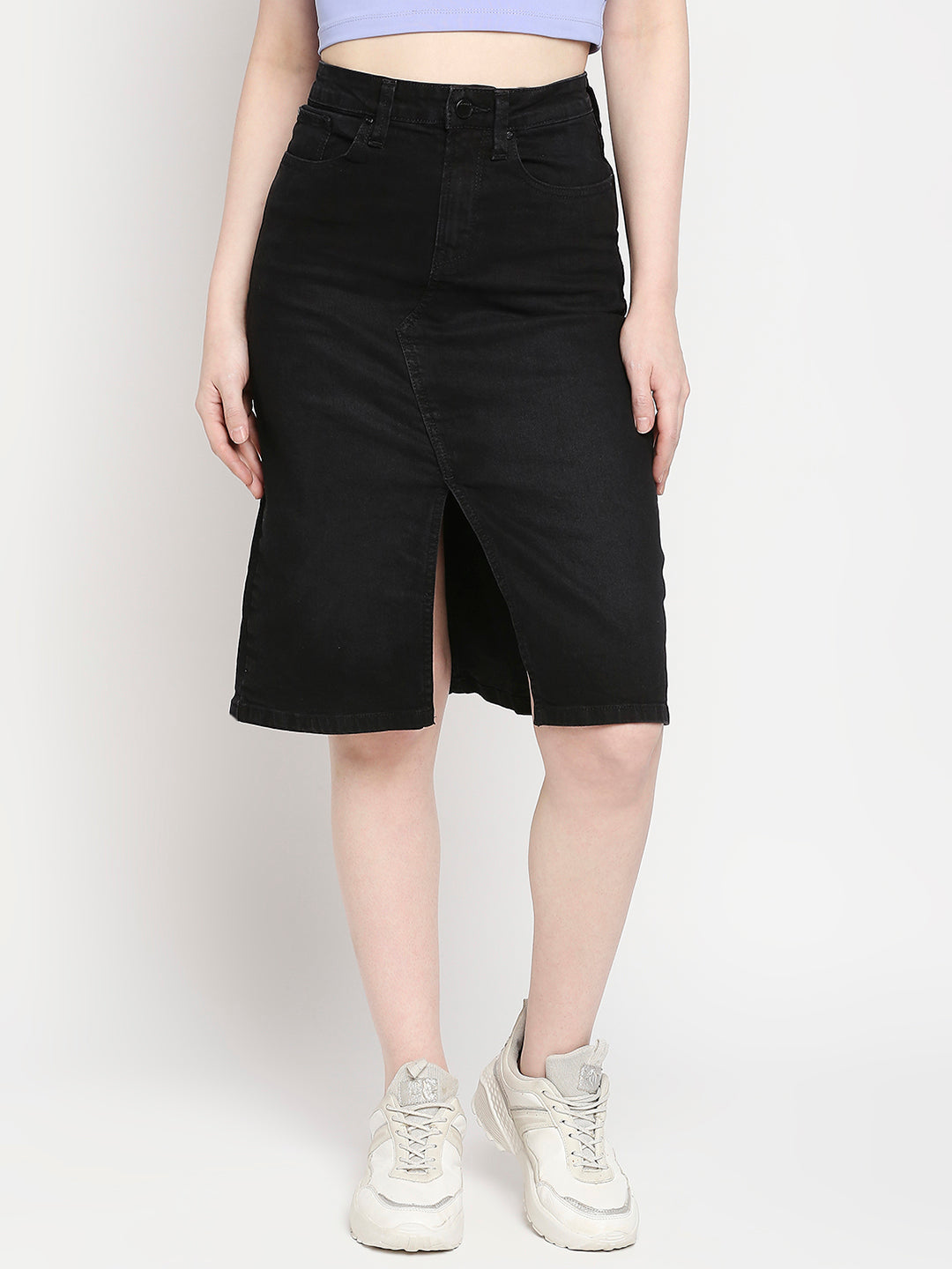 Spykar Black Cotton Straight Fit Regular Length Skirt For Women (Bella)