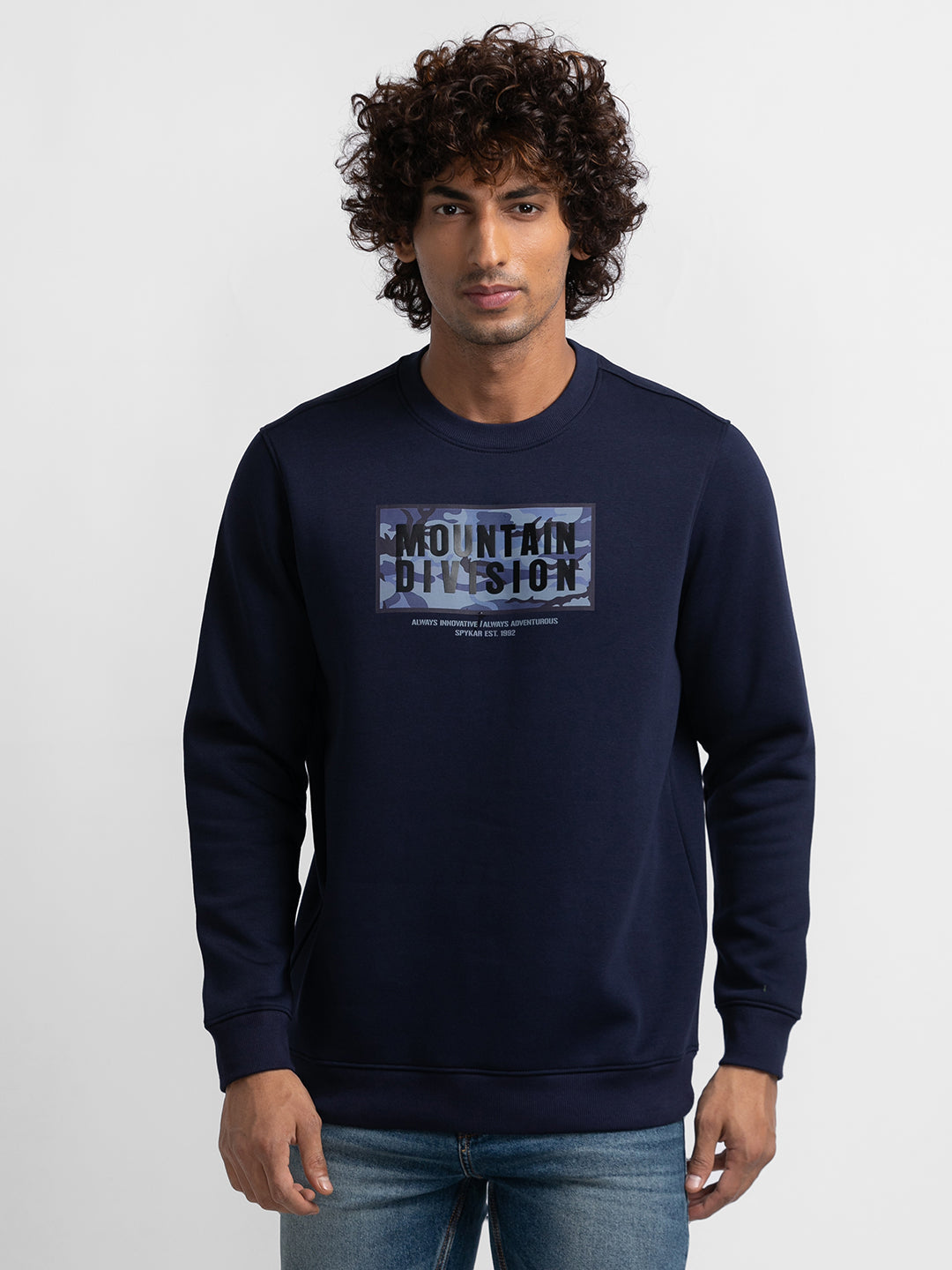 Spykar Navy Blue Cotton Full Sleeve Round Neck Sweatshirt For Men