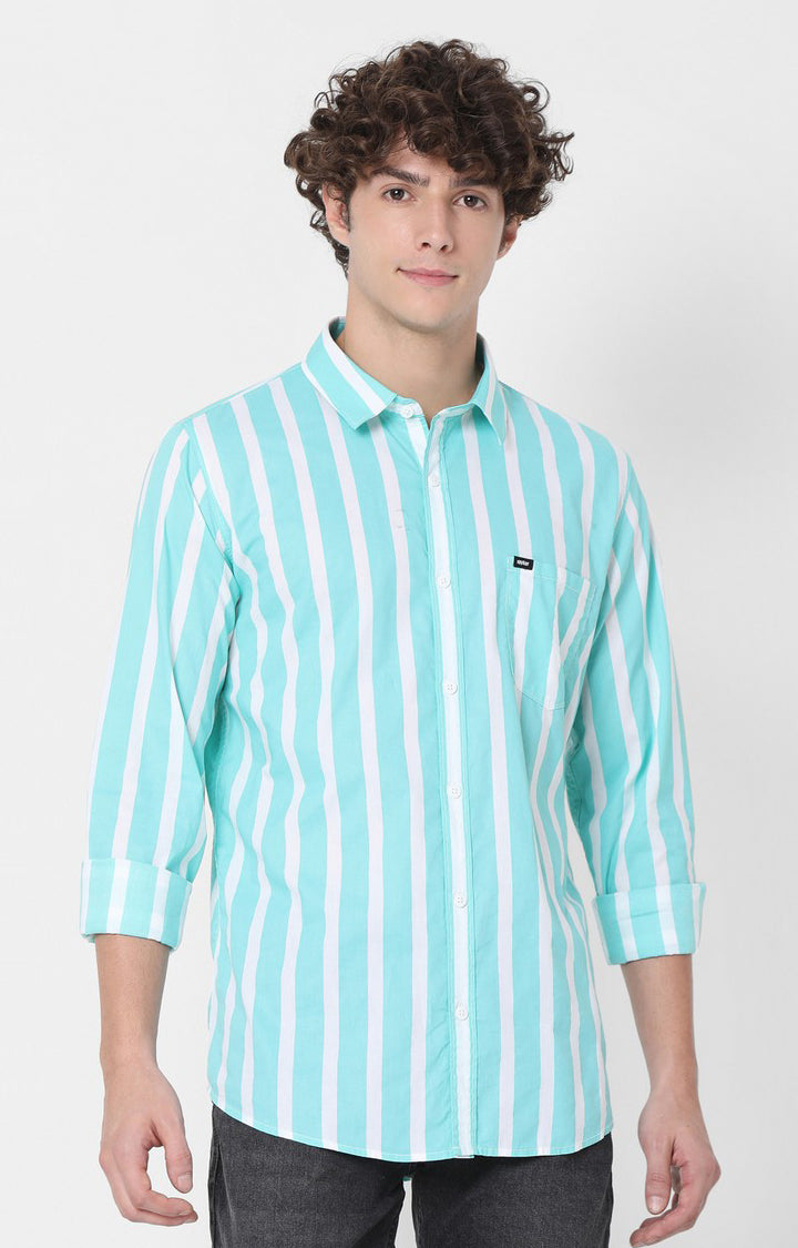 Spykar Slim Fit Green Full Sleeve Striped Shirts For Mens