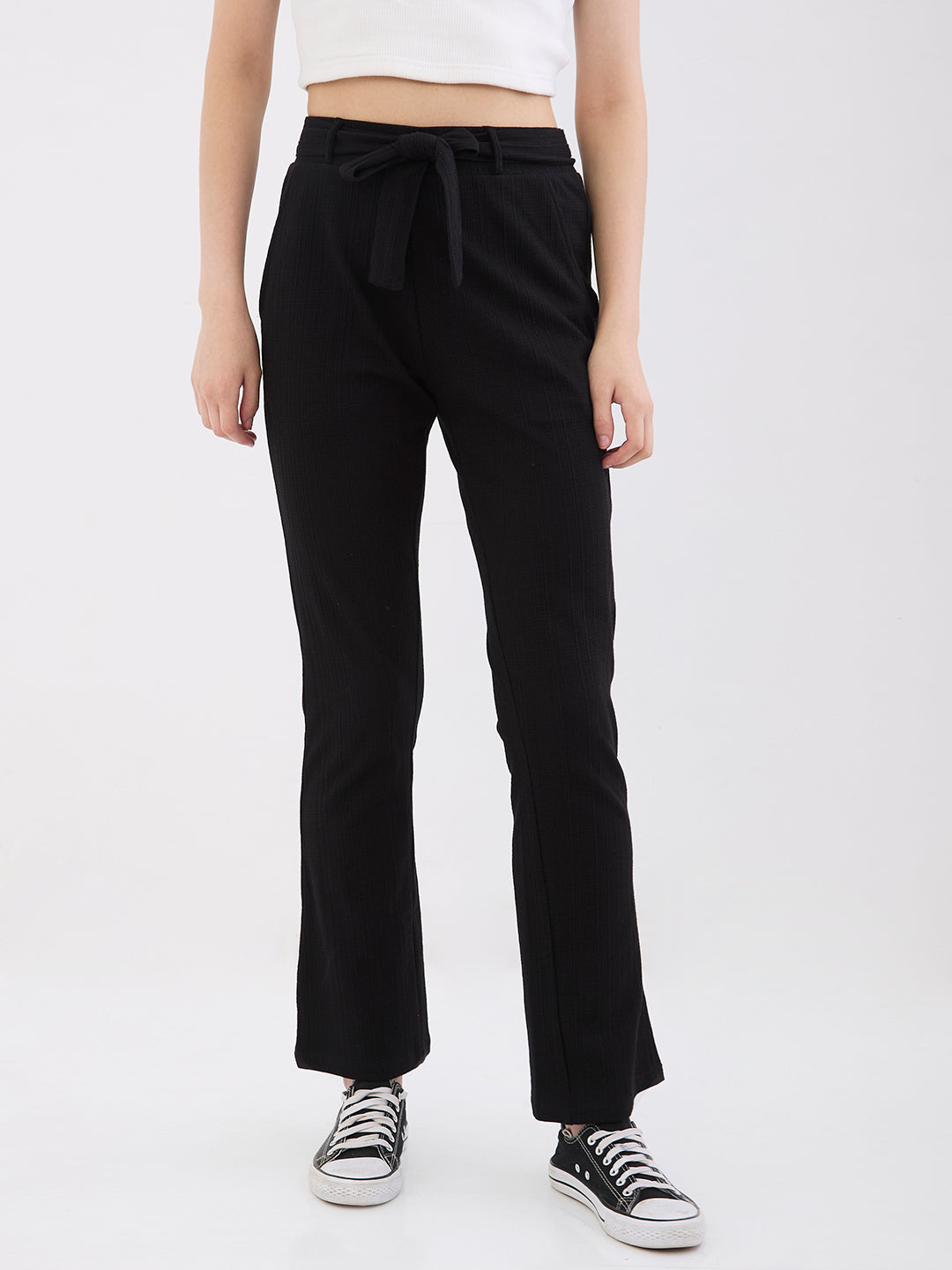 Spykar Black High Rise Boot Cut Fit Casual Knit Track Pants For Women