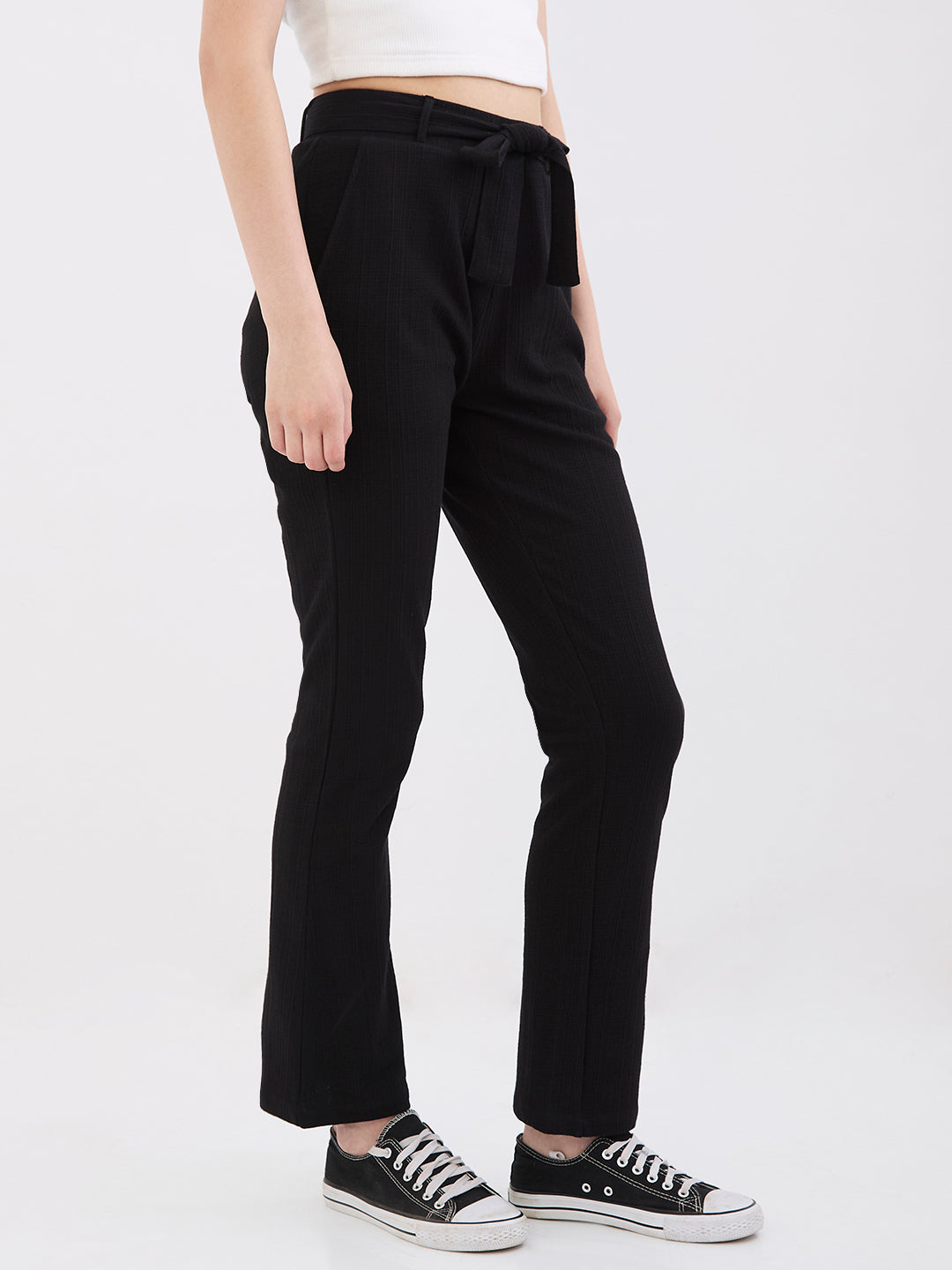 Spykar Black High Rise Boot Cut Fit Casual Knit Track Pants For Women