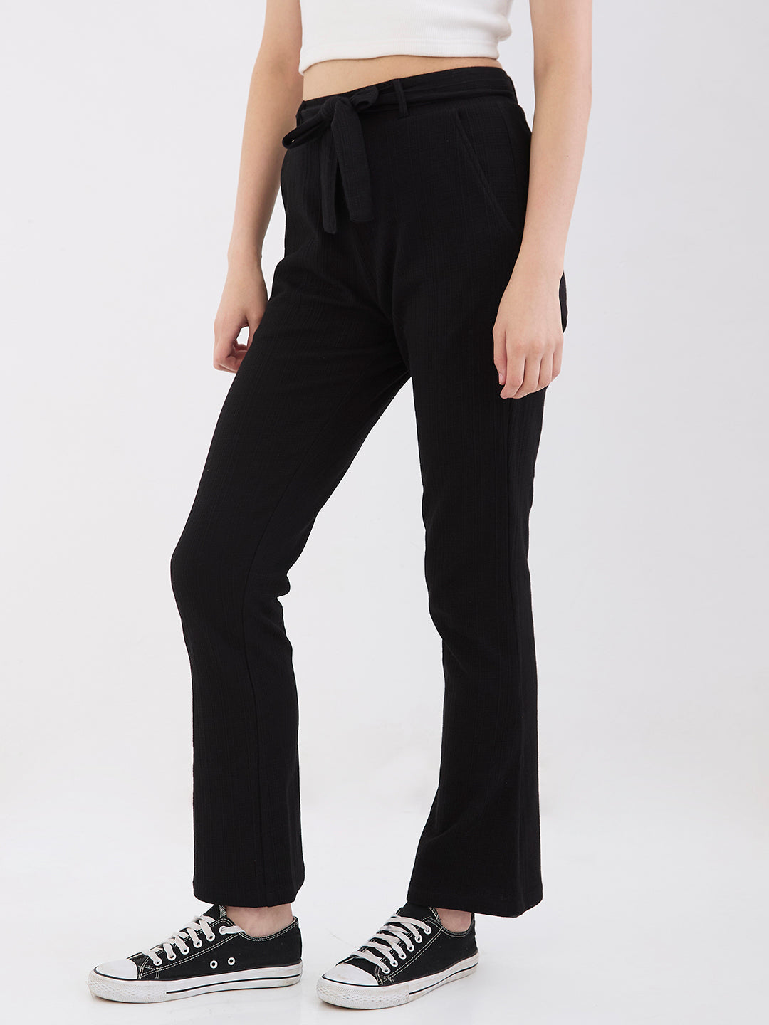 Spykar Black High Rise Boot Cut Fit Casual Knit Track Pants For Women