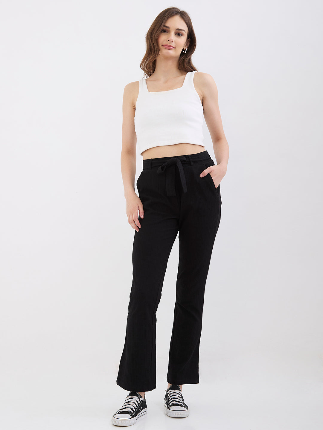 Spykar Black High Rise Boot Cut Fit Casual Knit Track Pants For Women