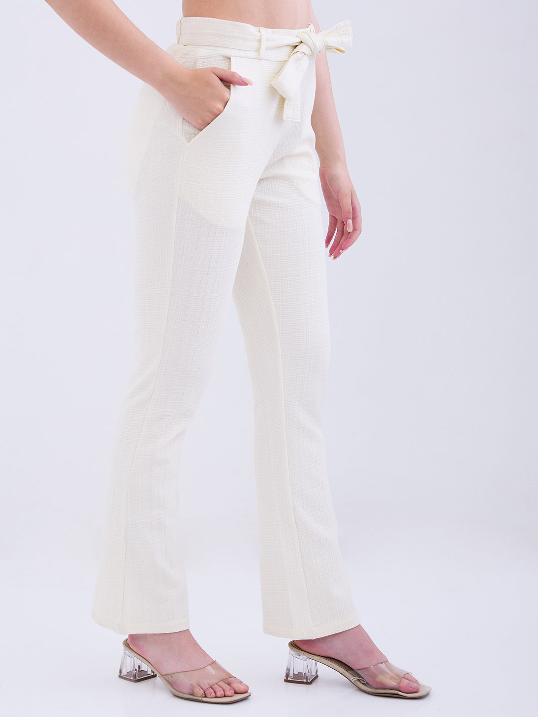 Spykar New Off White High Rise Boot Cut Fit Casual Knit Track Pants For Women