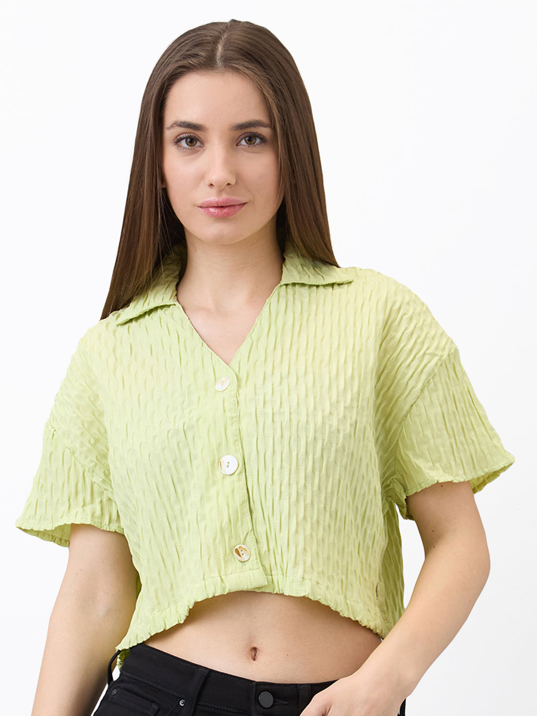 Spykar Green Boxy Fit Solid Half Sleeve Shirt For Women