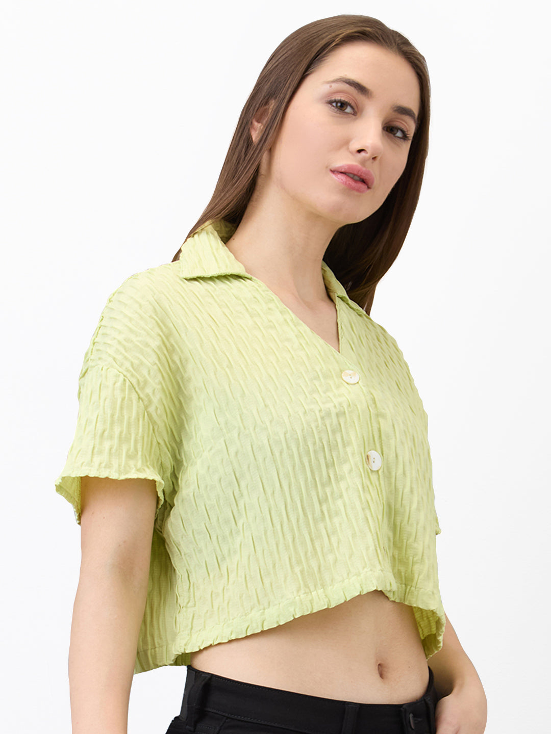 Spykar Green Boxy Fit Solid Half Sleeve Shirt For Women