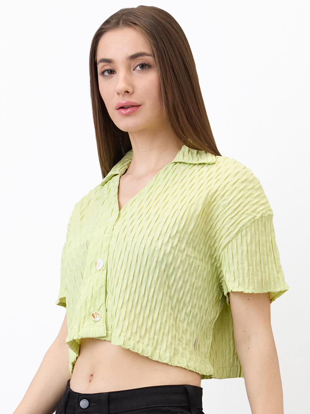 Spykar Green Boxy Fit Solid Half Sleeve Shirt For Women