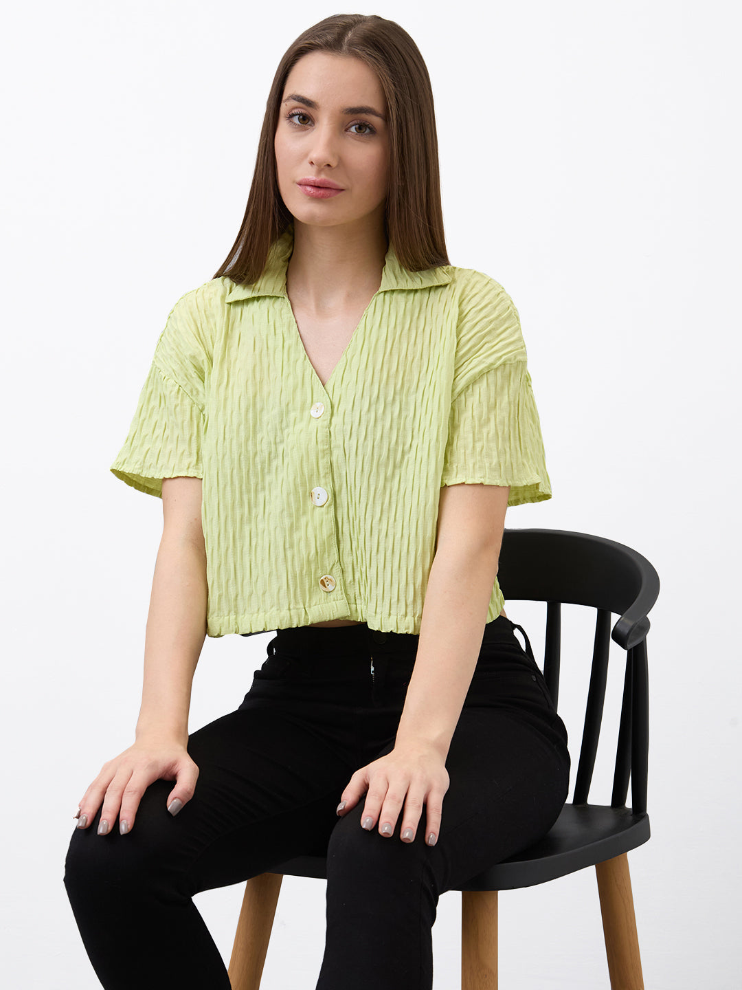 Spykar Green Boxy Fit Solid Half Sleeve Shirt For Women