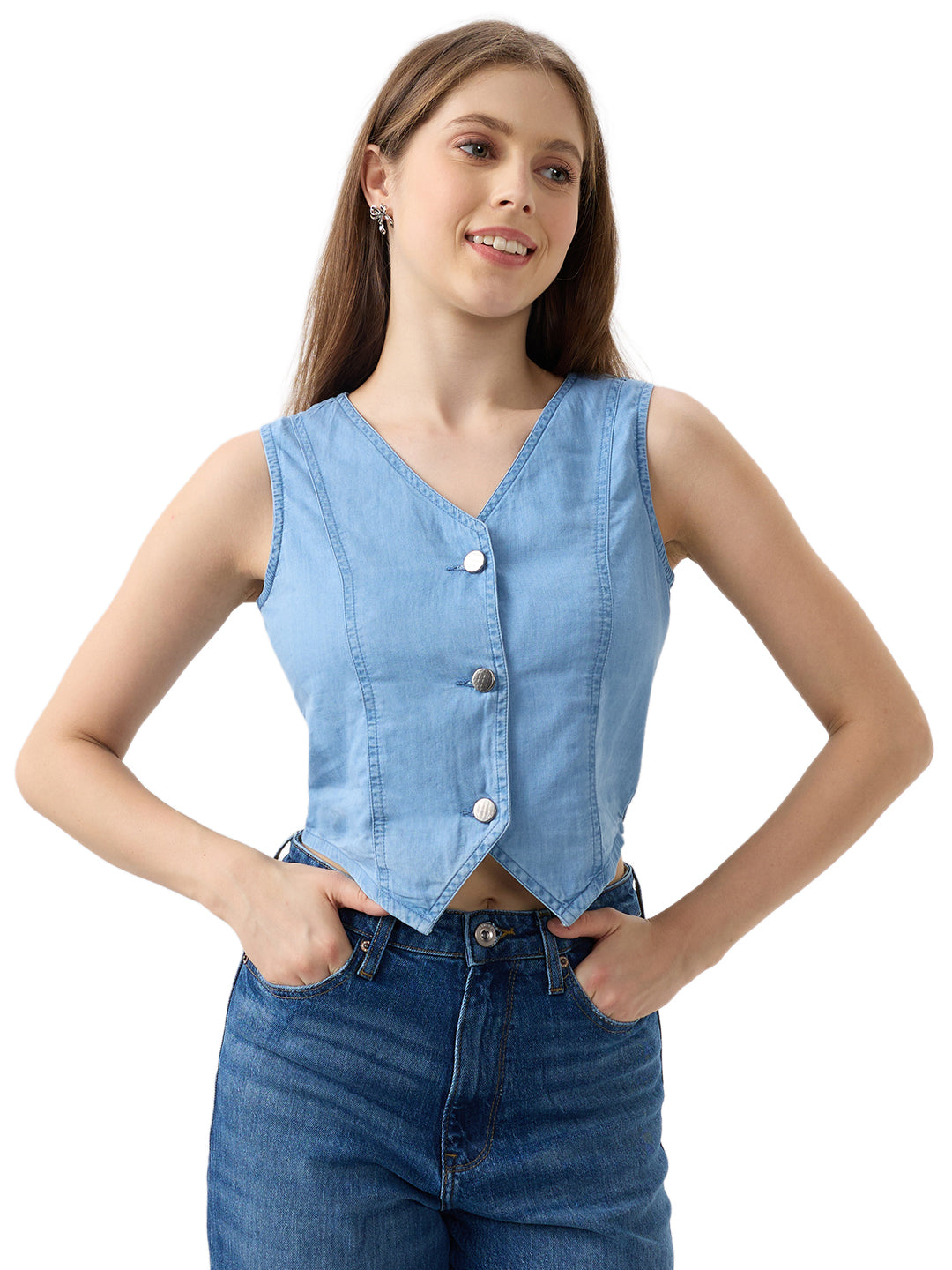 Spykar Mid Blue Regular Fit Shirts For Women
