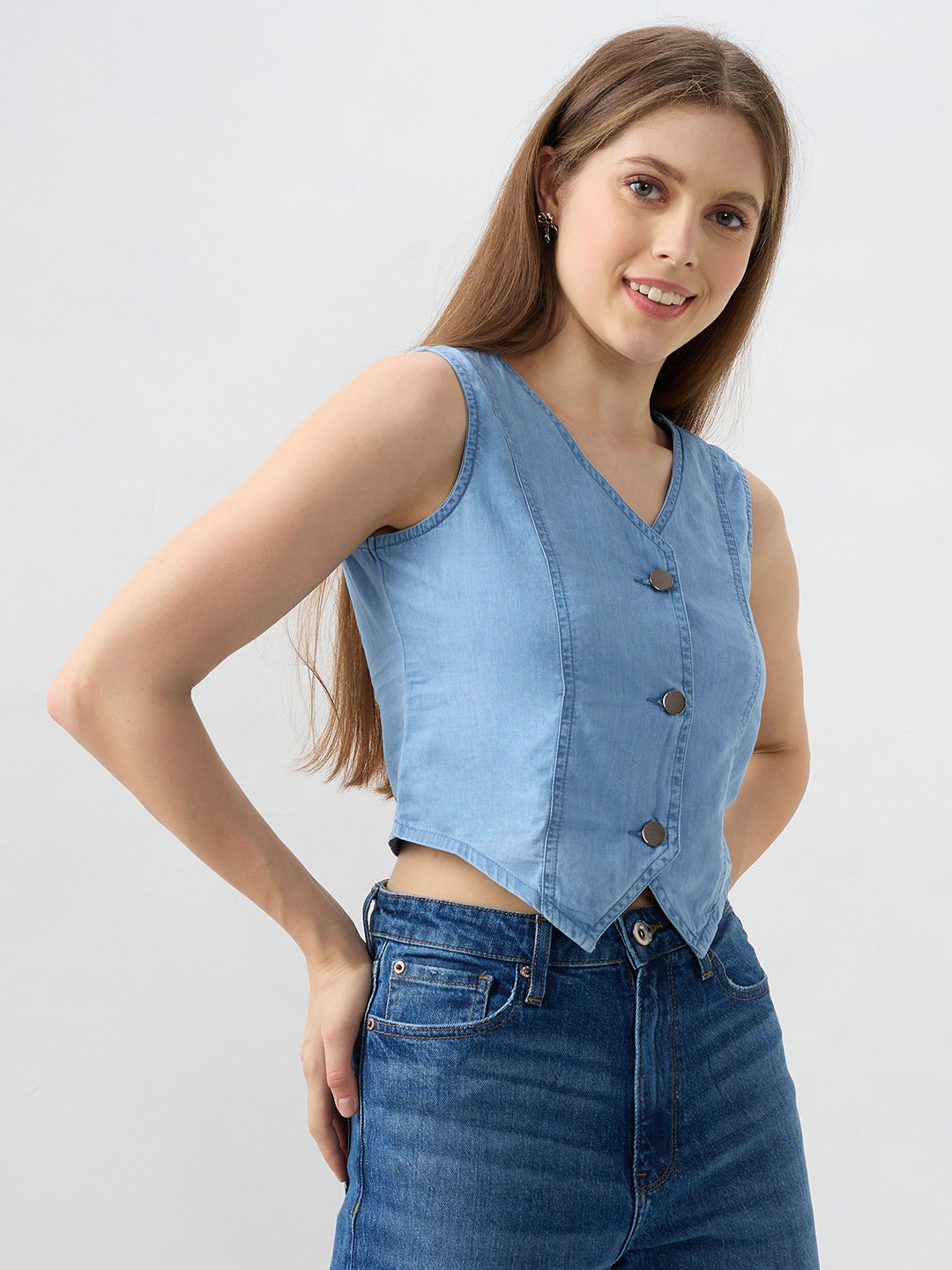 Spykar Mid Blue Regular Fit Shirts For Women