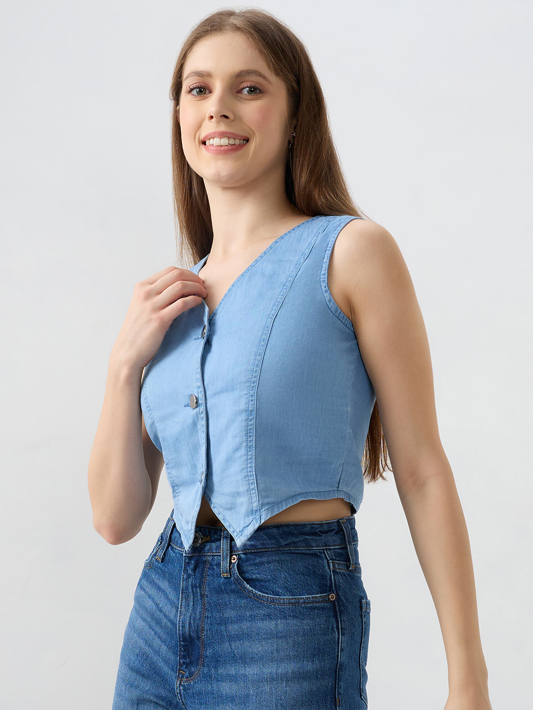 Spykar Mid Blue Regular Fit Shirts For Women