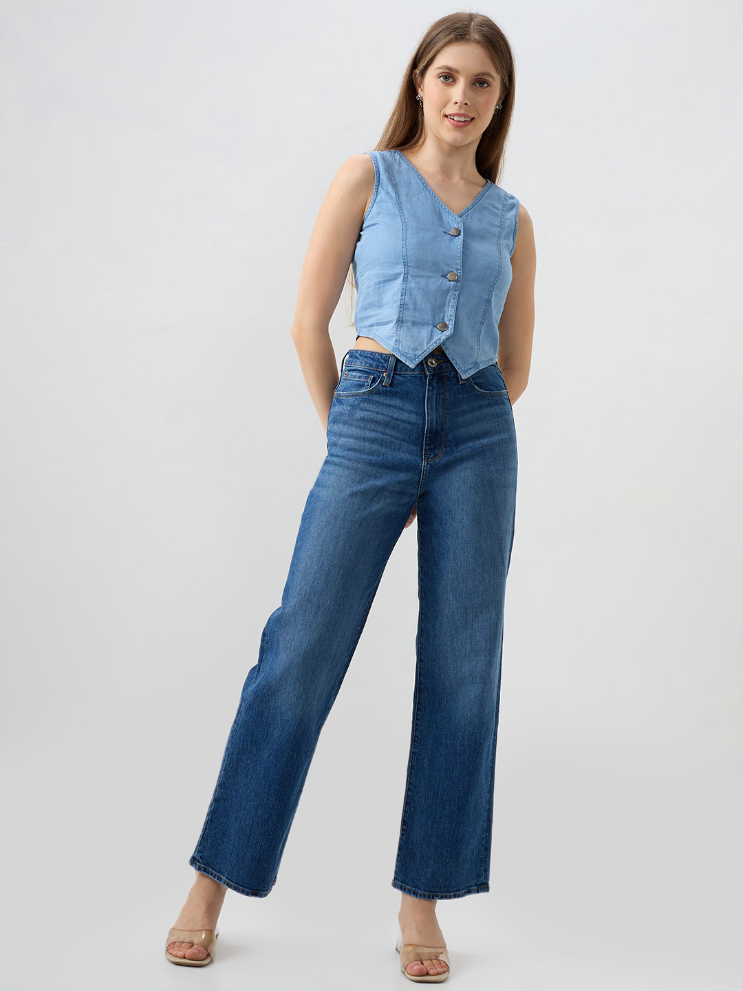 Spykar Mid Blue Regular Fit Shirts For Women