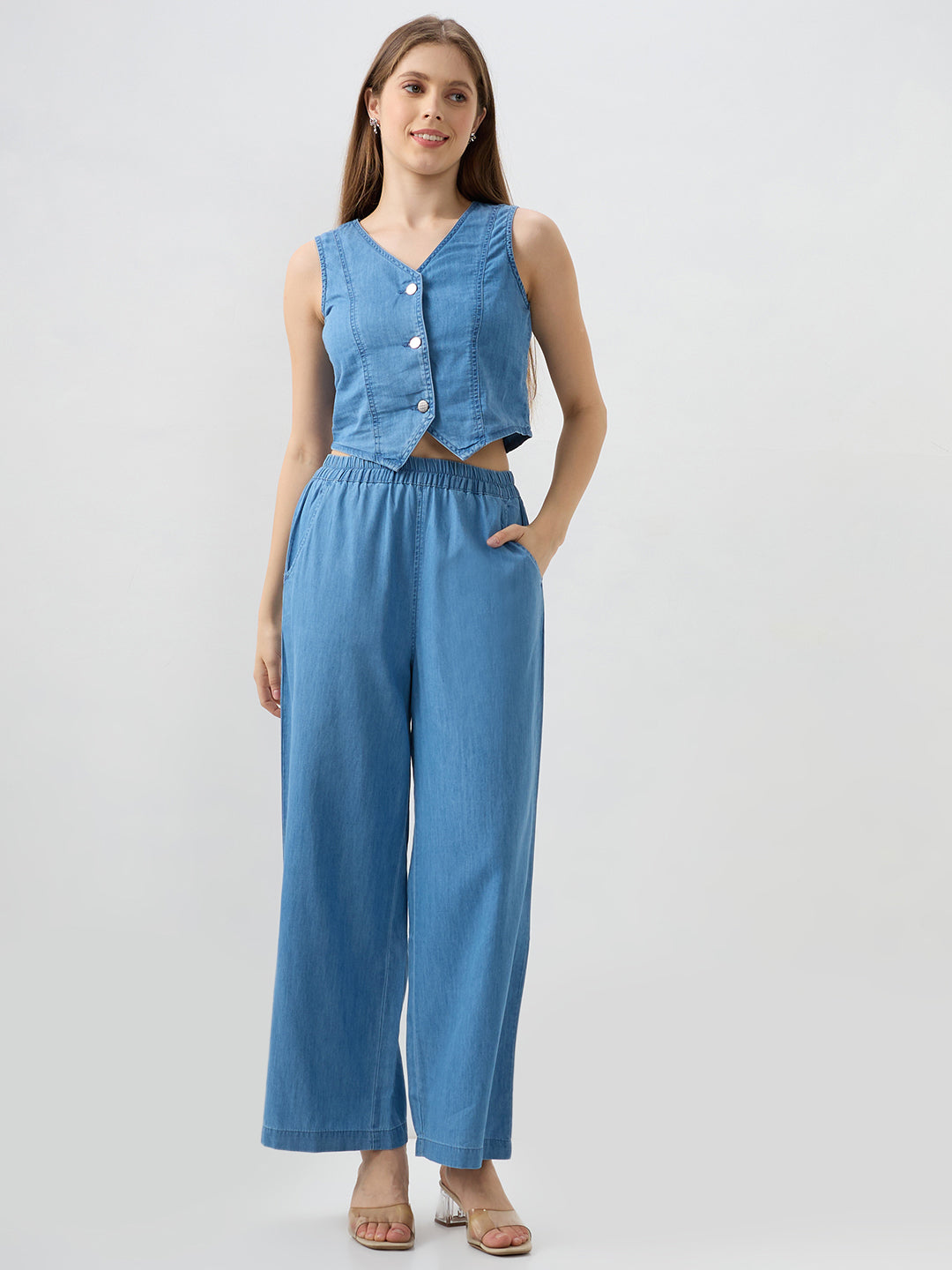 Spykar Mid Blue Regular Fit Shirts For Women