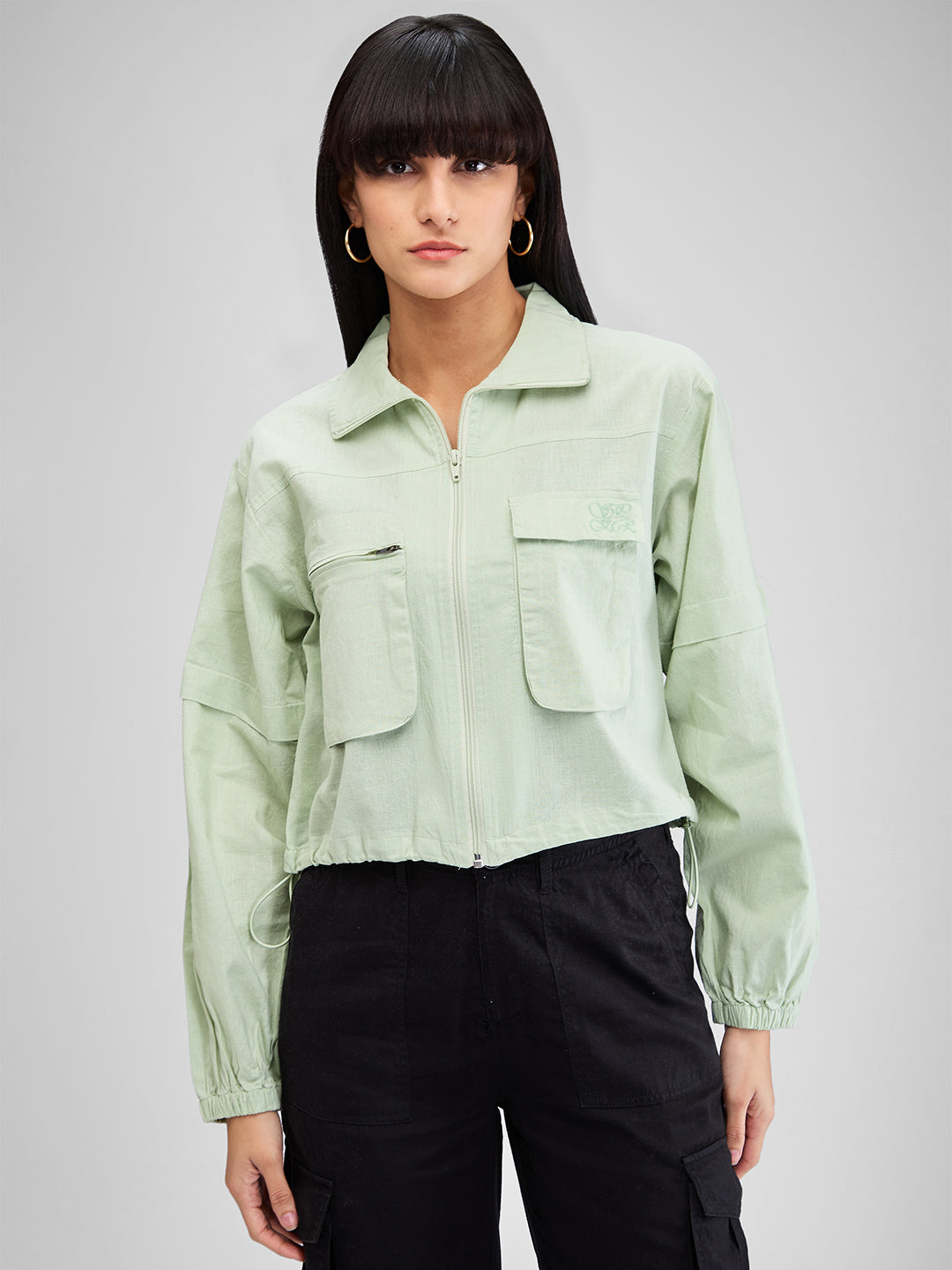 Spykar Celadon Green High Neck Full Sleeves Shirt For Women