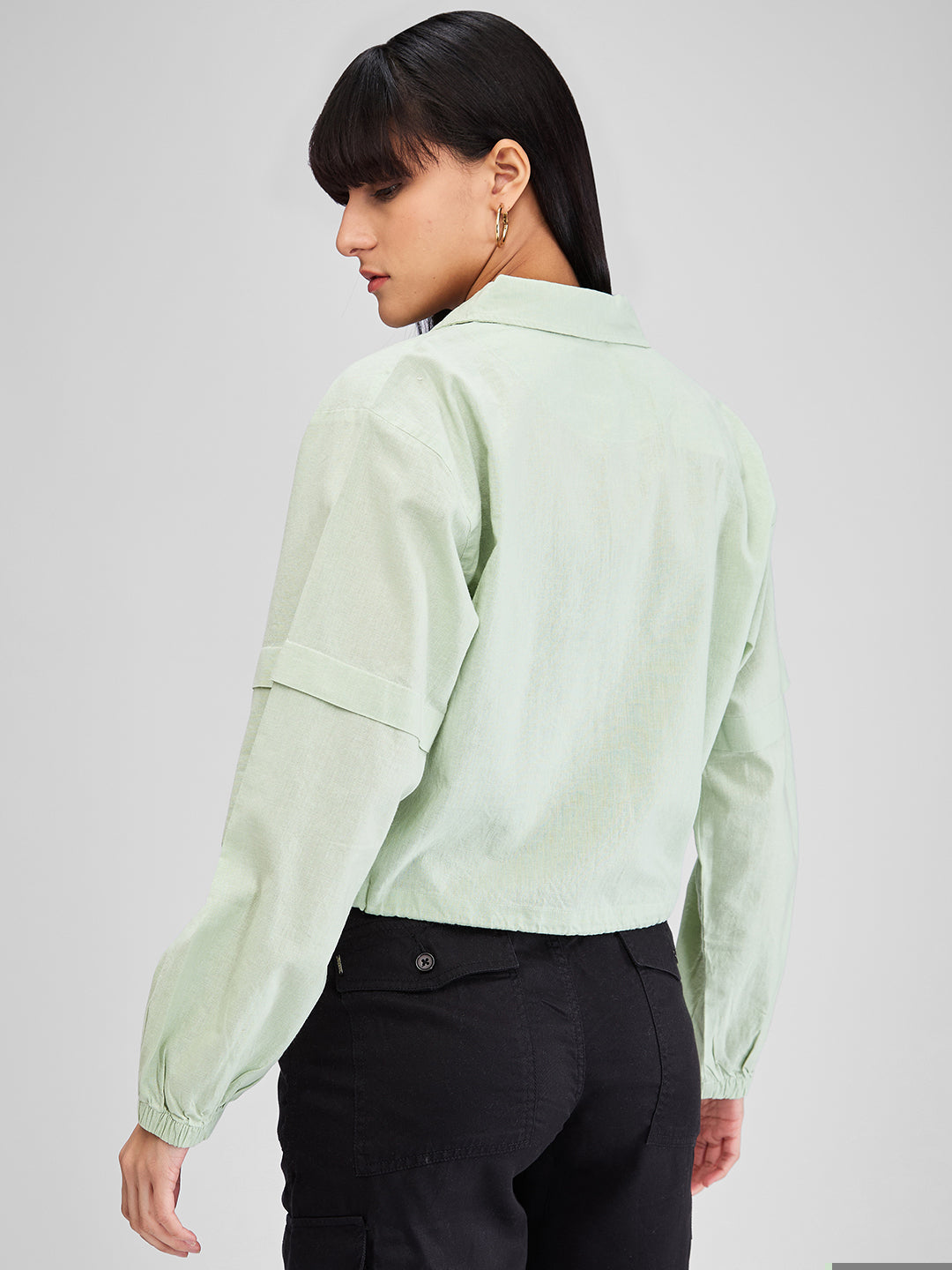 Spykar Celadon Green High Neck Full Sleeves Shirt For Women